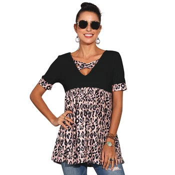 2021 Vasaros Leopardas Spausdinti Trumpas Rankovės Marškinėliai Moterims Atsitiktinis V-kaklo Mados Streetwear Plius Dydis Ponios Topai Marškinėliai, Femme