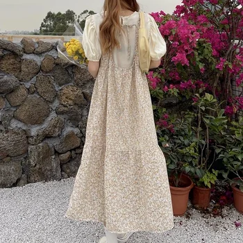 Suknelė Moterų Berankovis Gėlių Prarasti Tiesiai Saldus Japonų Stiliaus Kolegijos Backless Visas rungtynes Vidurio blauzdos Prairie Chic Merginų Drabužiai