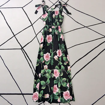 Ilga Suknelė Dizaineris Aukštos Kokybės Naujas Vasaros Moterų Atsitiktinis Bohemijos Derliaus Elegantiškas Prašmatnus Rožių Gėlių Spausdinti Diržas Šalis Suknelės
