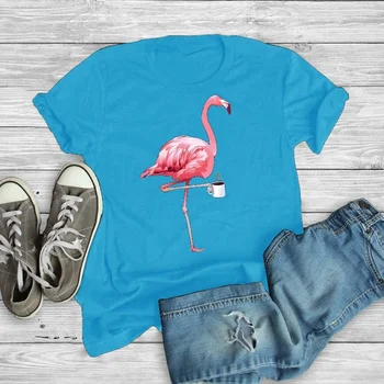 Flamingo Kavos Spausdinti Marškinėliai Moterims Trumpomis Rankovėmis O Kaklo Laisvus Marškinėlius 2021 M. Vasarą Plius Dydis Moterų, Marškinėliai, Topai Camisetas Mujer