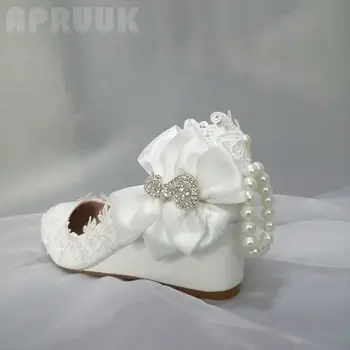 Naujas atvykimo 2020 balta nėrinių perlų vestuvių batai nuotaka vidurį 5CM pleištai kulno, kulkšnies elastinga duobute juosta dirželis nuotakos batų