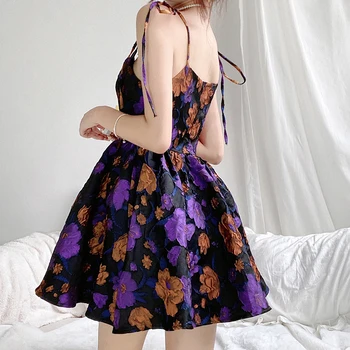 SUCHCUTE Gėlių Spausdinti Estetinės Mini Suknelė Moterims Vasaros Rankovių Šalies Klubas, Komplektai, A-Line Dresses Derliaus 90s Suknelė