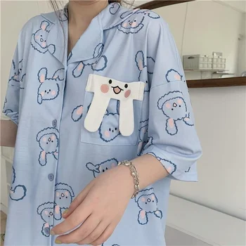 Moterų Pižama Japonų Dviejų Dalių Komplektas Vasaros Sleepwear Merginos Kawaii Spausdinti Atvartas Namų Kostiumas Korėjos Saldus Pijamas Laisvas Minkštų Pižamos