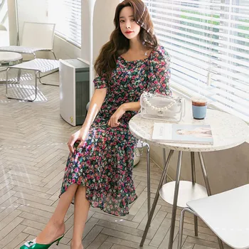 Gėlių Spausdinti Vasaros Suknelė Moterims Trumpomis Rankovėmis Velniop Kaklo Elegantiškas Korėjiečių Šalis Suknelė Paplūdimio Boho Ilgai Midi Suknelė Vintage 2021 Naujas