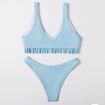 Seksualus Mėlynos Spalvos Briaunuoti Brazilijos Įžūlus Thong Bikini Nustatyti Pasėlių Viršuje Ruched Swimsuit Moterys 2021 M. Maudymosi Kostiumėliai Plaukti Paplūdimio Drabužiai Maudymosi Kostiumas