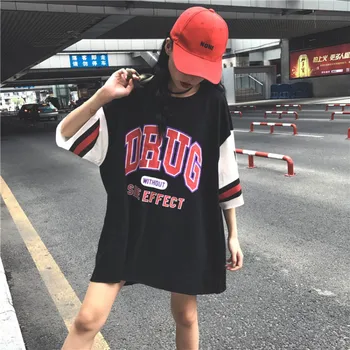 Moterų korėjos Stiliaus Apvalios Kaklo Harajuku Plius Dydis Half-Sleeve Vidutinio Ilgio Jersey Beisbolo Vienodas Hip-Hop T-shirt Prarasti Viršūnės