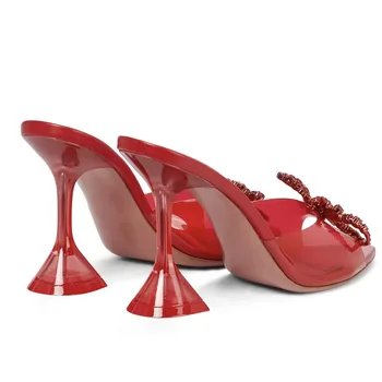 2021 Naujos basutės AminaMuaddi raudona lankas kalnų krištolas sagtis vestuvių batai crystal red aukštakulnį mados šlepetės 34-45