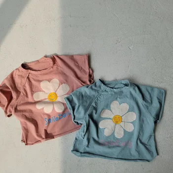 2021 Vaikų marškinėliai Mados Vasaros Naujus Mielas Šviežių Mergina Gėlių Trumpas korėjos Rankovės