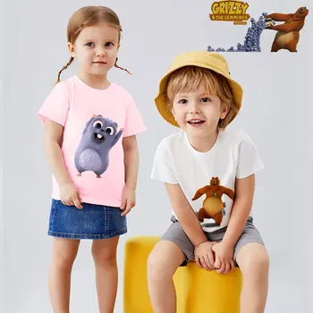 T-marškinėliai mergaitėms berniukai saulės grizzy lokys gyvūnų spausdinti berniukų marškinėliai mielas vaikams drabužių lemmings t shirtshort rankovėmis viršūnes