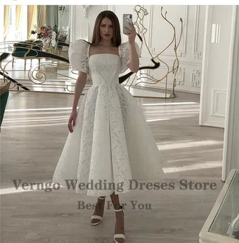Verngo 2021 Naujas Dizainas Visiškai Nėrinių Vestuvių Suknelė, Trumpas Sluoksniuotos Rankovėmis Stebėjimo Arbata Ilgis Pilietinės Vestuvių Nuotaka Chalatai Priėmimo
