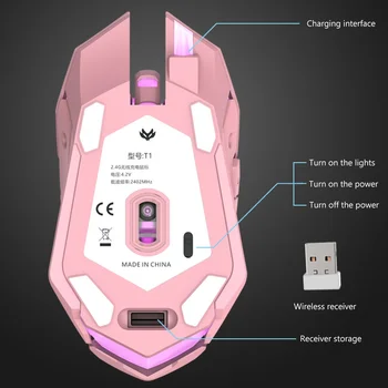 Belaidžio Žaidimų Pelės Įkrovimo Pink USB Optinė Kompiuterio Pelė 800/1200/1600 DPI RGB Šviesos Silent Žaidimas Mause Žaidėjus Girl