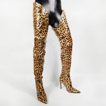 Moterų Leopard Lakinės Odos Virš Kelio Batai kilimo ir tūpimo Tako Gatvės Pažymėjo Tne Aukštakulnius Batus, Pusėje Užtrauktukas Tarpkojo Batai Mujer