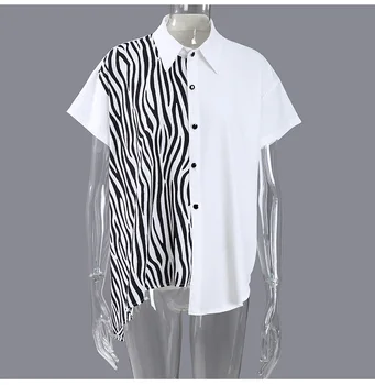 [EAM] Moterys, didelio Dydžio, Netaisyklingos Zebra Modelio Spausdinti Palaidinė Naujas Atvartas Trumpas Rankovės Loose Fit Marškinėliai Mados Vasaros 2021 1DD7599