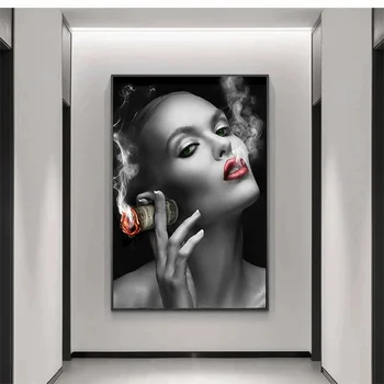 Sexy Red Lips Smoking Money Girl Art Canvas Print Painting Cool Girl Wall Picture Modern Living Room Bar Home Decoration Poster