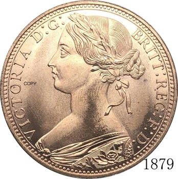 Jungtinė Karalystė 1879 1 Vieno Cento Karalienės Viktorijos Didžiosios Britanijos Bronzos Portretas Raudona, Vario Monetos Kopija Su Lygaus Krašto