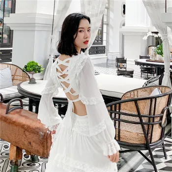 2021 M. Vasarą Europos Dizaino Vintage White Boho Aukšto Juosmens Imperijos Nėrinių Suknelė Prabanga Backless Šalis Suknelės Moterims, Elegantiškas Vakaras