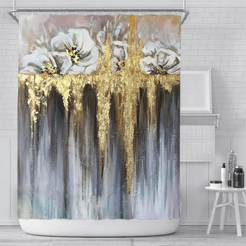 3D Spausdinimo Dušo Užuolaidos Aukso Lapų Gėlių Vandeniui Dušo Užuolaidos Vonios Užuolaidos Vonios Ekrano Vonios kambarys Dekoro Su Kabliukais