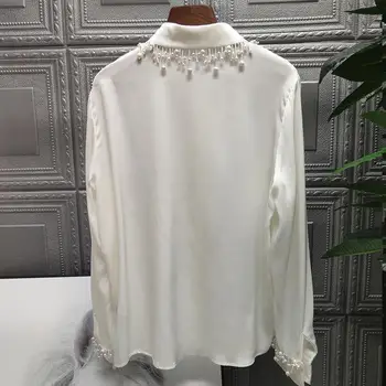 2021 m. Pavasarį Naujas Baltos spalvos Atvartas Marškinėliai Prarasti Perlų Karoliukus, Kutas Moterų ilgomis Rankovėmis vientisos Spalvos moteriškos Palaidinukės