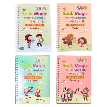 4 Knygos/Nustato Vaikų Magija Knygos, Daugkartinio naudojimo 3D Kaligrafija Copybooks, anglų Skaičius Užrašu Magija Praktikoje Copybooks