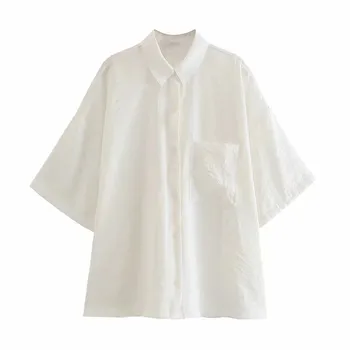 TRAF Za 2021 Rausvos spalvos Marškinėliai Moteris Balta Mygtuką Iki Marškinėliai Moterims Negabaritinių trumpomis Rankovėmis Vasarą Viršų Mados Apykaklės, Moterų Palaidinė