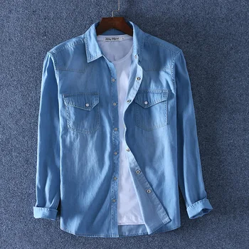 BAO SHAN classic prekės ženklo dvigubo kišenėje mygtuką medvilnės džinsinio marškinėliai 2021 m. pavasarį aukštos kokybės vyriški slim ilgomis rankovėmis marškinėliai