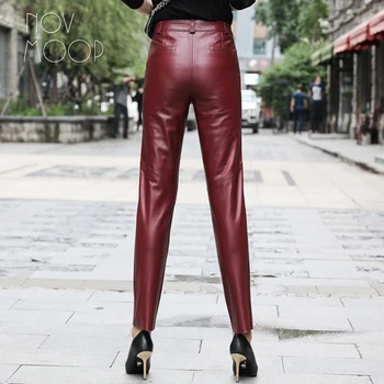 Novmoop natūralios odos avikailio moterų kulkšnies ilgio kelnės oficialų elegantiškas lady stiliaus Pantalon raccourci en cuir LT3358