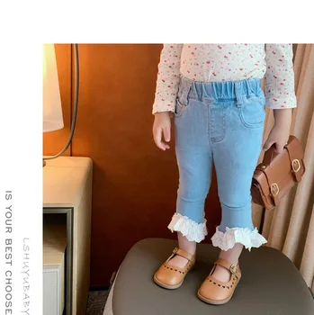 Vaikų džinsinio audinio kelnės 2021 metų pavasario modelių merginos aukštos elastinga nėrinių džinsai vaikų kūdikių super vakarų atsitiktinis mados kelnės