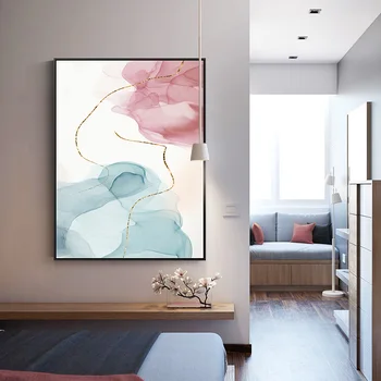 Abstraktus Mėlyna Rožinė Srauto Aukso Linija Marmuro, Drobė, Tapyba Spausdinti Plakato Nuotrauką Sienos Biuro Patalpų Kambarį Moderni Apdaila