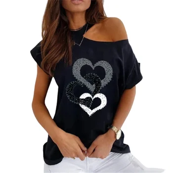 Vasaros Negabaritinių Širdies Print T-shirt Moterims, Seksualus Baltas Off Peties Viršūnės Atsitiktinis O-Kaklo trumpomis Rankovėmis Tshirts Mados Gatvė Tees