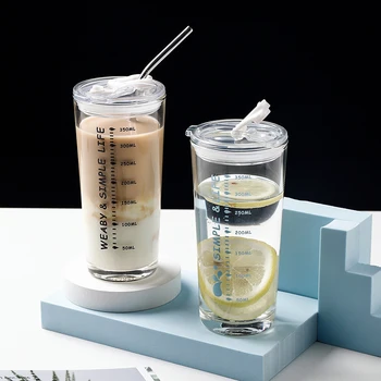Gradated stiklo vyrų aukštos kokybės šiaudų su dangčiu skaidrus vanduo taurės uždarųjų arbatos office aukštai temperatūrai atsparus vieno sluoksnio
