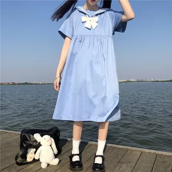 Harajuku Sailor Apykaklės Navy Suknelė Japanese Lolita Saldus Lankas-Mazgas Mergina Retro Medvilnės Kawaii Preppy Stiliaus Trumpomis Rankovėmis Suknelės