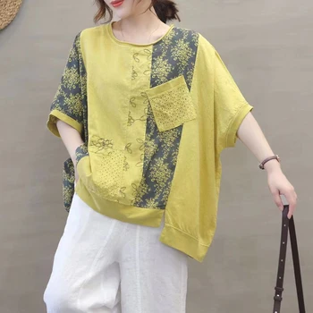 Max LuLu Japonija Stiliaus 2021 M. Vasarą, Moteriški Gėlių Spausdinti Prarasti Tshirts Ponios O-Kaklo Geltoni Trišakiai Moterų Vatos Pagaliukai Plius Dydis