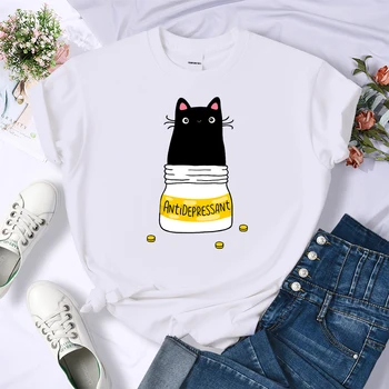 Kailio Antidepresantų Katė Spausdinami T Marškinėliai Moterims Prakaito Brand Tee Drabužiai Laisvi Kasdienių Drabužių Modelis Kvėpuojantis Marškinėliai Moterims