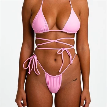 2021 2-Piece Moterys Vasarą Ponios Sexy Merginos Vientisos Spalvos Žiedas Bikini Komplektas Mėlyna/Žalia/Rožinė