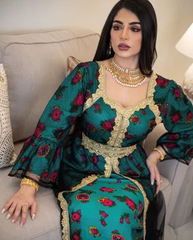 Islamo Spausdinti siuvinėjimas nėrinių tinklelio suknelė dubajaus musulmonų musulmonų moterims Saudo Arabų Ramadanas Eid Laukinių Drabužius Saudo Arabų