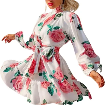 Vasaros Suknelė Retro Boho Moterų Golfo Gėlių Spausdinti Seksuali Mini Suknelė Žibintų Rankovės Šalis suknelė Vestidos