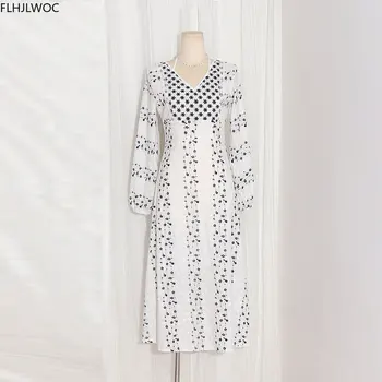 Baltos Spalvos Nėrinių Tuščiaviduriai Suknelė Iš 2020 M. Rudenį Rudenį Long Sleeve V-Kaklo Peteliškę Apynasrio Seksualus, Elegantiškas Lady Siuvinėjimo Moterų Ilgos Suknelės