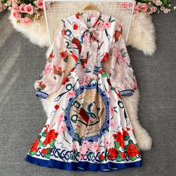 Prancūzijos retro stiliaus rūmai peteliškę spausdinti suknelė ilgomis rankovėmis slim lieknėjimo-line sijonas, suknelė, sijonas