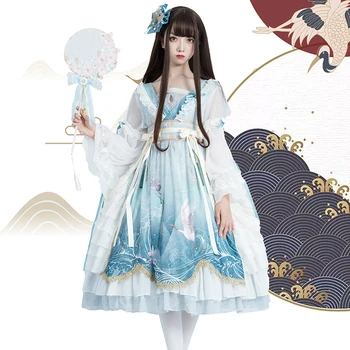 Kinijos Hanfu retro saldus lolita nėrinių bowknot viktorijos spausdinimo elegantiška suknelė kawaii girl loli cosplay gothic lolita kimono