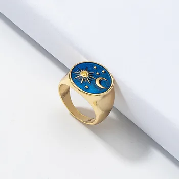 Sun moon emalio aukso signet žiedas moterims, žalvario, aukso spalvos vintage mėlyna spalva moterys bižuterijos 2021