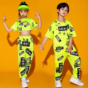 Vaikai Fluorescencinė Žalia Viršuje Kelnės Vaikų Dienos Drabužių Hip-Hop Šokių Kostiumas Mergaitėms Berniukai Džiazo Šokių Drabužiai Rave Komplektus XS1800