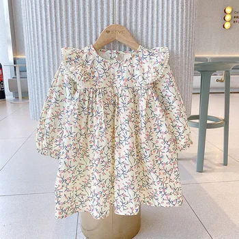 2021 M. Rudenį Gėlių Mergaičių Suknelės Korėjos Mados Ilgomis Rankovėmis Princesė Suknelė Cute Little Vaikų Kostiumas Vestidos Pavasario Kostiumas