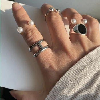 HUANZHI 2020 Retro Lašas Klijų Metalo Geometrinis Tuščiaviduriai Ovalus Kamuolys Apvalus Žiedas Pearl Reguliuojamas Atidarymo Žiedų Moterų, Mergaičių Papuošalai