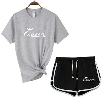 2021 m. Vasarą Ponios Atspausdinta marškinėliai + Šortai 2-piece Set Queen Spausdinti Moterų Sporto Tiktų Bėgimas Fitneso Mergina Laisvalaikio Kostiumas