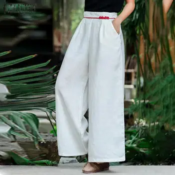 Moterys Vasarą Elegantiškas Kelnės ZANZEA 2021 Kietas Pločio Kojų Kelnės Elastingos Juosmens Ilgai Pantalon Palazzo Kietas Ropė Negabaritinių S-