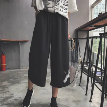 Harajuku Juoda Plati Koja Kelnės Moterims Derliaus Siuvinėjimo Krano Kelnės Korėjos Mados Atsitiktinis Aukšto Juosmens Pantalons Capris Mujer