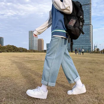 Men Jeans Ankle-length Bandage Designer Fashionable Loose Leisure Korean Style Solid Wide Leg Ins Plus Size S-3XL Students Chic