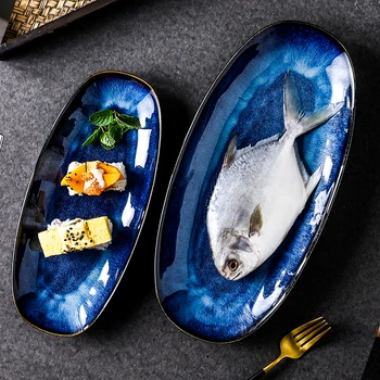Keramikos Plokštės Japonų Stiliaus Patiekalų Krosnies Keitimas Katės Akis Mėlyna Žuvis Plokštė Namų Virtos Didelės Glazūra Spalva Kūrybos Suši Plokštė