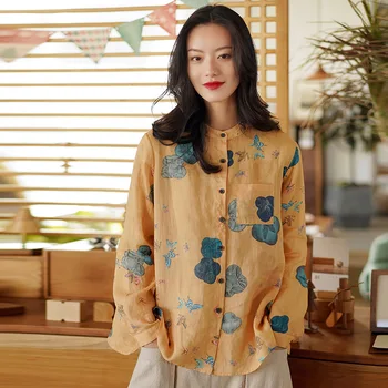 2021 m. Pavasarį Moterys Vintage Marškinėliai Spausdinti Gėlių Mygtuką Palaidinės Prarasti Kinų Stiliaus Medvilnės ir Lino ilgomis Rankovėmis Viršūnes