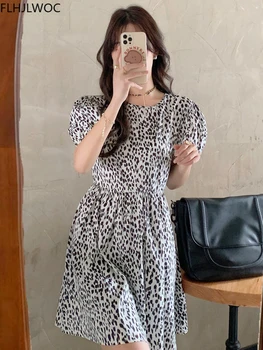 Spausdinti Leopard Vasaros Suknelė Elegantiškas Temperamentas Lady Sluoksniuotos Rankovėmis Vestidos Flhjlwoc Korėja Prašmatnus Mielas Saldus Mergaičių, Moterų Suknelė
